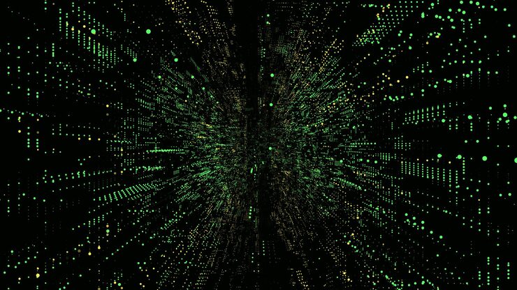 Vector futuristic vector scifi circle portal in space matrix cyberspace with moving data 3d ai tunnel with dot abstract digital wormhole data binary code particle flow by funnel concept hacking