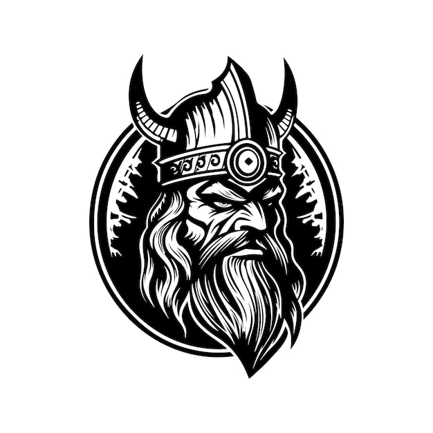 Futuristic viking vintage logo line art concept black and white color hand drawn illustration