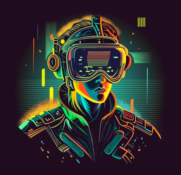 Futuristic virtual reality or metaverse concept with teenager in virtual reality gaming goggles