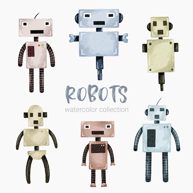 Robot umanoide futuristico del fumetto dell'acquerello impostato per adesivi e avatar emoji