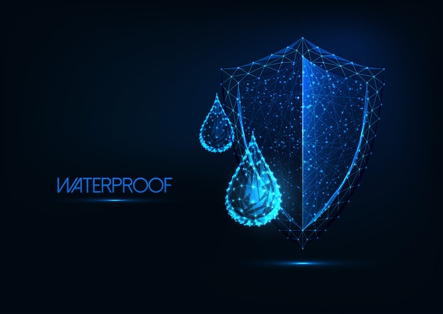 Futuristic waterproofing . glowing low poly water drops and shield on dark blue background.