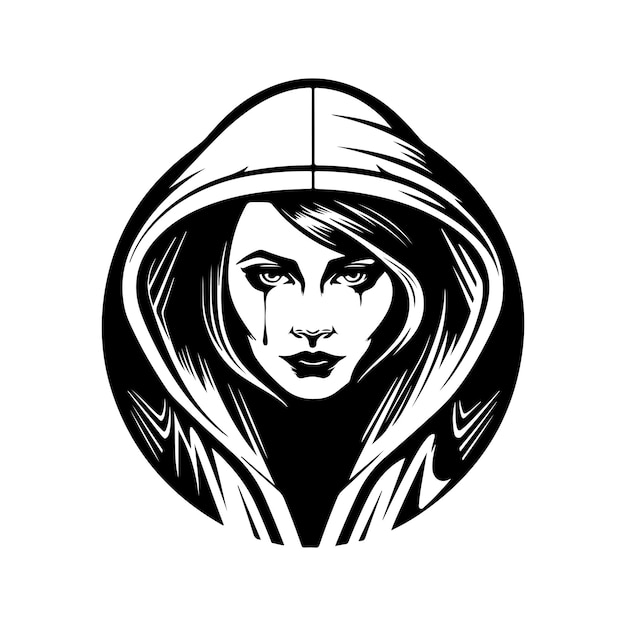 Futuristic woman in hooded vintage logo line art concept black and white color hand drawn illustration