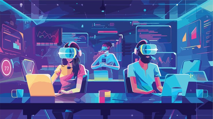 Vector futuristic workspace with people working in vr environment