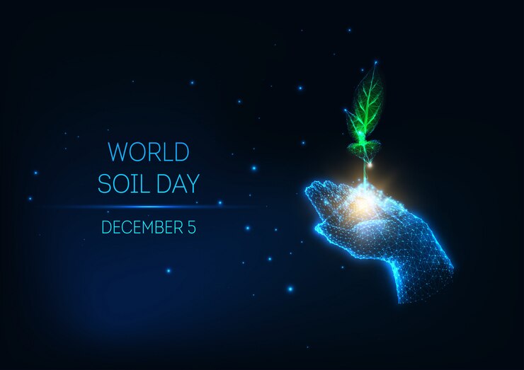 वेक्टर futuristic world soil day concept with glow low poly hand hold green sprout on dark blue background.