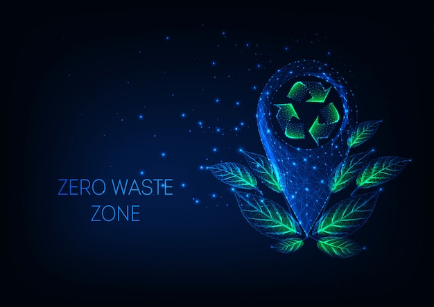 Futuristic zero waste zone  with glow low poly location marker, recycle sign, green leaves.