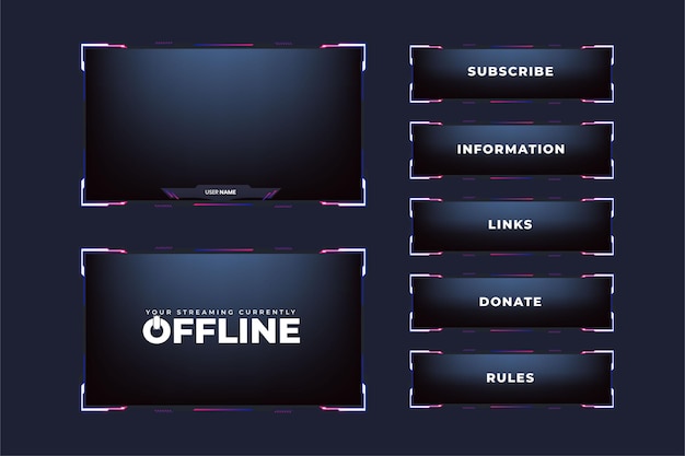 Futuristisch randontwerp voor gaming-frames met online en offline schermen Moderne gaming-overlay-lay-outvector voor streamers Live-streaming-overlay-sjabloonontwerp met eenvoudige vormen en knoppen