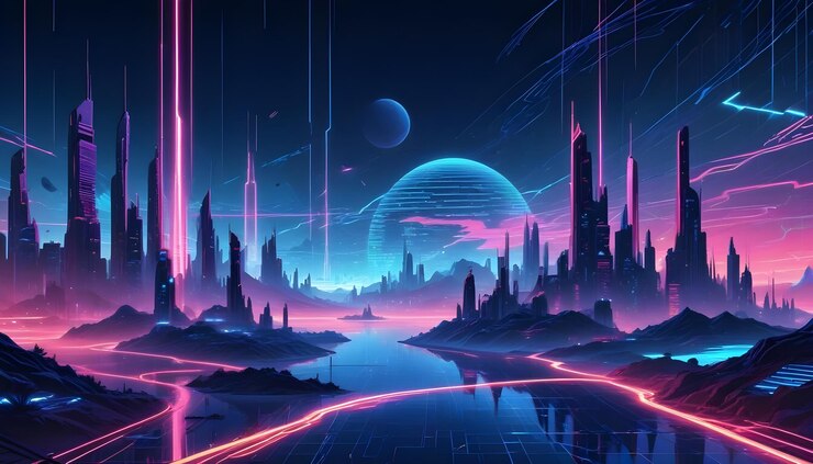 Vector futuristisch stadsbeeld met gloeiende neonlichten torenhoge gebouwen en een gigantische holografische planeet die zich over een reflecterend meer verheft