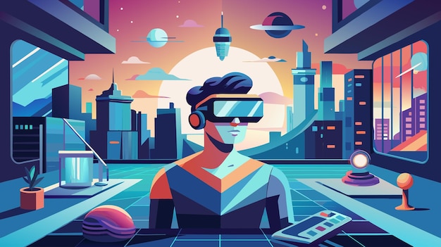 Futuristisch stadsbeeld met persoon die virtuele realiteit ervaart bij zonsondergang
