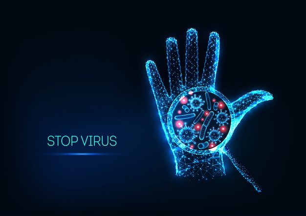 Futuristisch stop coronavirus concept met gloeiende lage veelhoekige menselijke hand en viruscel