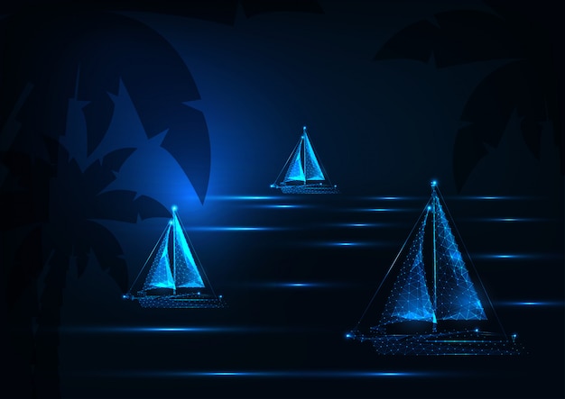 Futuristisch yachting-regatta-concept met gloeiende lage veelhoekige zeilbotenconcurrentie in nacht tropisch overzees landschap op donkerblauwe achtergrond.