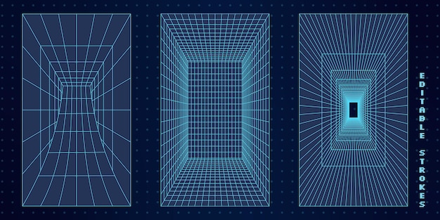 Futuristische 3D-tunnels met abstracte wireframe-roosters en perspectief digitaal mesh in een bewerkbaar blauw