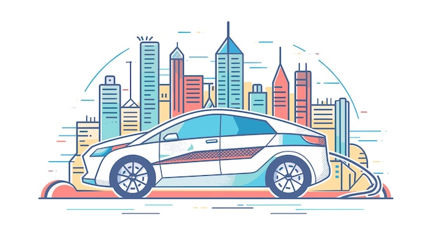 Futuristische auto rijden op wegen in de stad vector vlakke illustratie