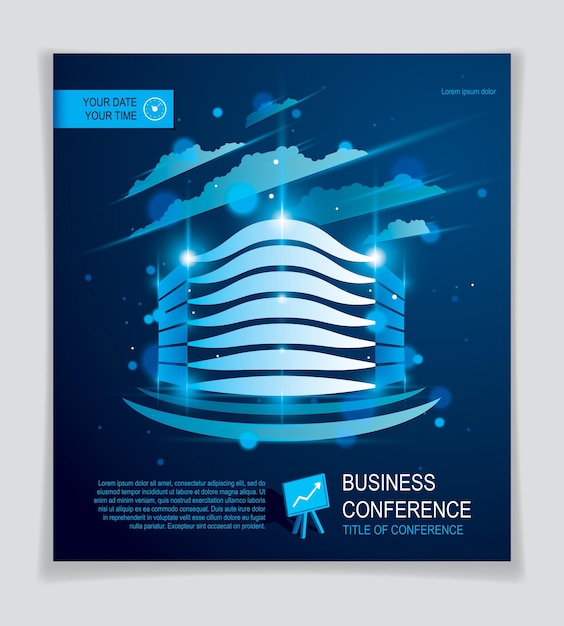 Futuristische bouwadvertentie, moderne vectorarchitectuurbrochure met wazig licht en verblindingseffect. Onroerend goed onroerend goed business center blauw ontwerp. 3D futuristische gevel zakelijke conferentie sjabloon.