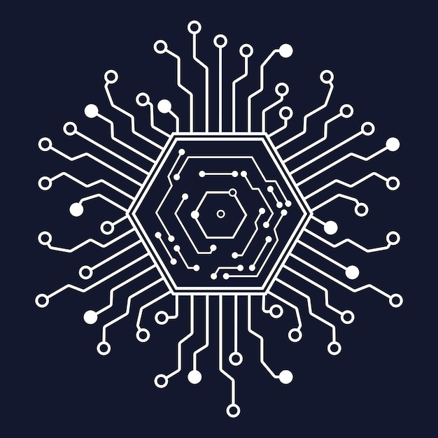 Futuristische digitale circuitkern met een donkere achtergrond en een gloeiend zeshoekig technologiepatroon