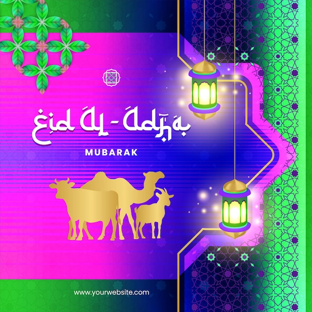 Futuristische eid al adha mubarak sociale media postontwerp levendige middernacht blauwe achtergrond