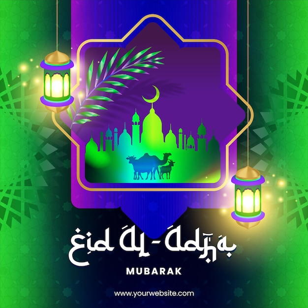 Futuristische eid al adha mubarak sociale media postontwerp levendige middernacht blauwe achtergrond