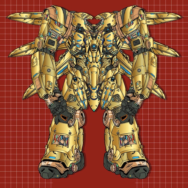 Vector futuristische gouden gigantische mecha-robot gebouwd door hoofd, arm, lichaam, been, wapen, illustratie, premium vector