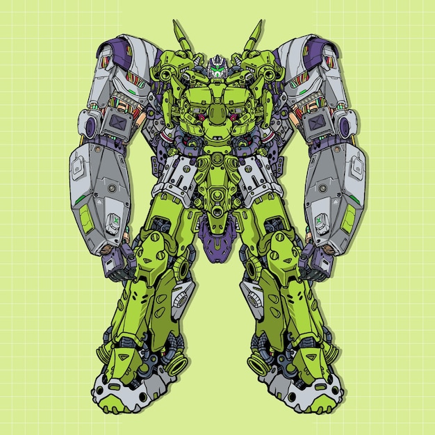 Vector futuristische groene gigantische mecha-robot gebouwd door hoofd, arm, lichaam, been, wapen, illustratie, premium vector