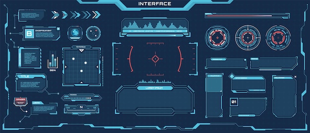 Futuristische hud ui cyberpunk ruimtepaneel frames toelichting titels voortgangsbalken game interface set