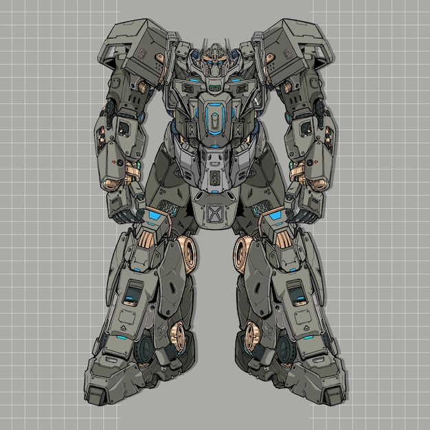 Futuristische jager gigantische mecha robot gebouwd door hoofd arm lichaam been wapen illustratie premium vector