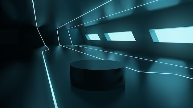 Futuristische neon sci fi-kamer met leeg podium voor productpresentatie