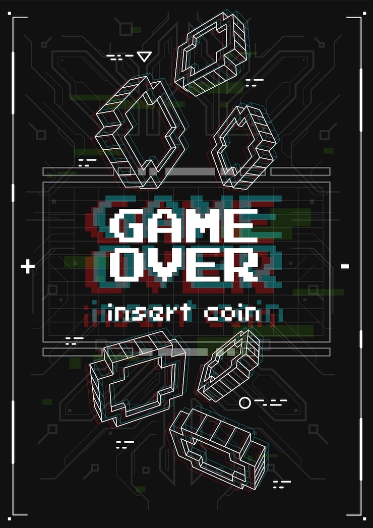 Vector futuristische poster met retro games-elementen. game over scherm met virtual reality-stijl. sjabloon voor print en web.