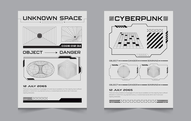 Futuristische posters met Hud-elementen abstracte cyberpunkbanner met 3D-figuren vectorillustratie