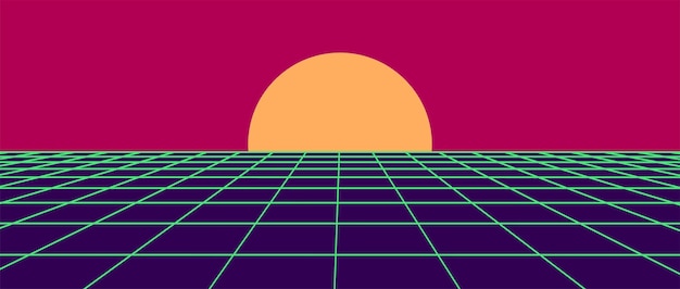 Futuristische sci-fi grid landschap in retro stijl Digitale cybernetische oppervlakte Perspectief mesh dat achter horizontale lijn Album cover of banner in 8090 stijl Vector illustratie