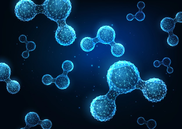 Futuristische wetenschap webbanner met gloeiende lage veelhoekige watermoleculen op donkerblauwe achtergrond.