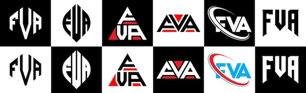 Vettore design del logo della lettera fva in sei stili fva poligono cerchio triangolo esagono stile piatto e semplice con variazione di colore in bianco e nero logo della lettera impostato in una tavola da disegno fva logo minimalista e classico