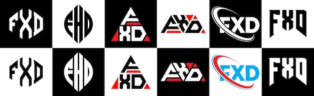 FXD letter logo design in six style FXD polygon circle triangle hexagon flat and simple style with black and white color variation letter logo set in one artboard FXD minimalist and classic logo