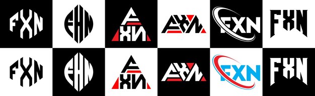 FXN letter logo design in six style FXN polygon circle triangle hexagon flat and simple style with black and white color variation letter logo set in one artboard FXN minimalist and classic logo