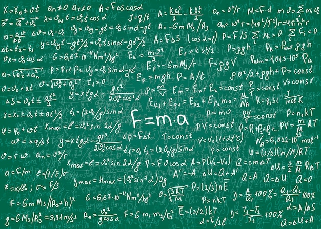 Fysica witte formules met de hand getekend op een groen, onrein bord voor de achtergrond. .