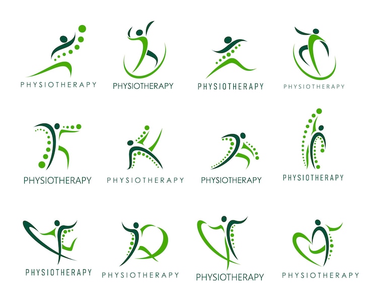 Vector fysiotherapie pictogrammen wervelkolom rugpijn lichaam gezondheid chiropractie massage therapie vector fysieke en orthopedische revalidatie abstracte menselijke figuur symbolen van chiropractor fysiotherapeut kliniek