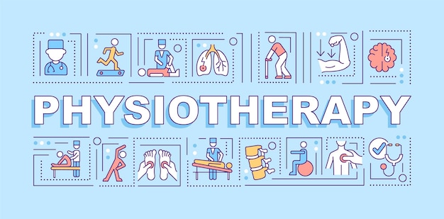 Fysiotherapie woord concepten banner. lichamelijke gezondheidszorg. infographics met lineaire pictogrammen op blauwe achtergrond. geïsoleerde creatieve typografie. vector overzicht kleur illustratie met tekst