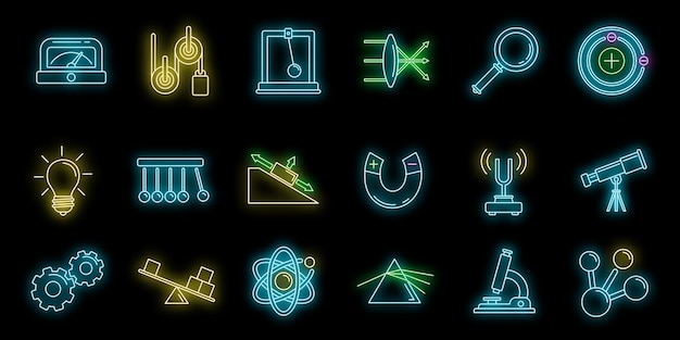 Vector fysische wetenschappelijke iconen set outline set van fysische wetenschappelijke vector iconen neon kleur op zwart