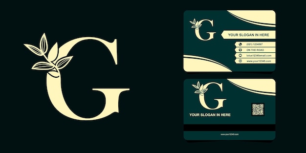 Вектор Логотип шрифта буквы g плоский с векторным логотипом листа и шаблоном визитной карточки.