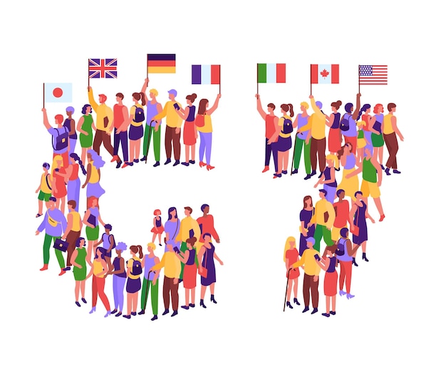 Vector g7 countries people community holding flags of united kingdom germany italy france japan canada and united states isometric vector illustration