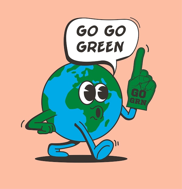 Ga groen concept met wandelen komische vintage Earth planet karakter geïsoleerd op roze achtergrond Eco activisme of Earth Day concept voor sticker of poster of flyer ontwerp vectorillustratie