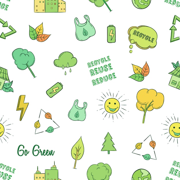 ga groen of ecologie pictogrammen in naadloos patroon met gekleurde doodle stijl