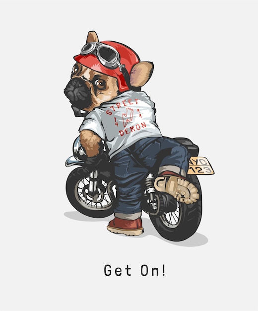 ga op slogan met cartoonhond die op motorillustratie stapt