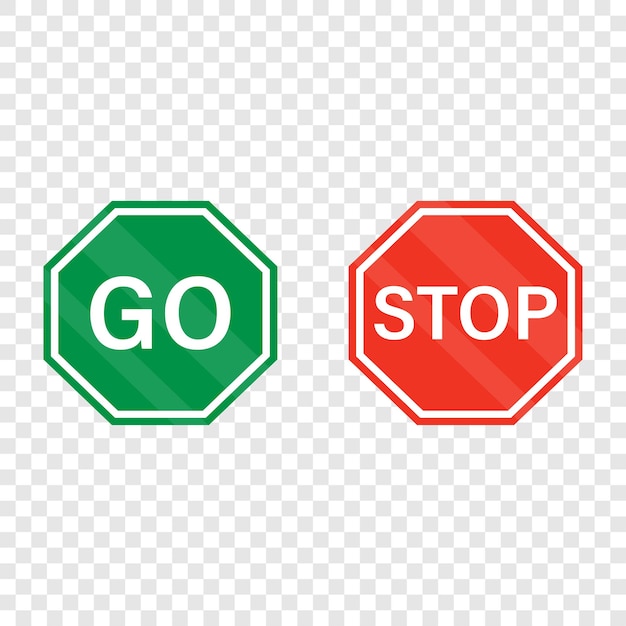 Ga, stop borden. Achthoekige groene go, rode stop.