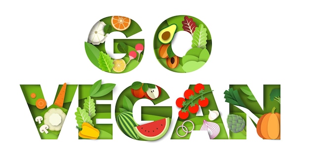 Ga veganistisch, sjabloon voor vectorbanner met typografie. papier gesneden verse groenten, fruit. gezonde voeding, vegetarisch eten, ga voor groen