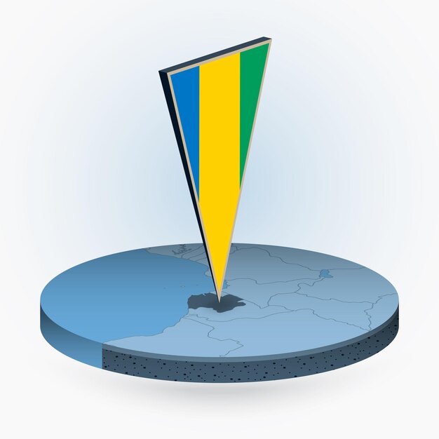 Gabon map in round isometric style with triangular 3D flag of Gabon