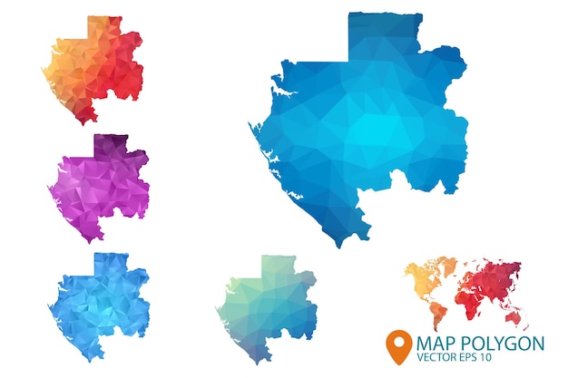 ベクトル 幾何学的なしわくちゃの三角形の低ポリスタイルグラデーショングラフィック背景のガボンマップセット