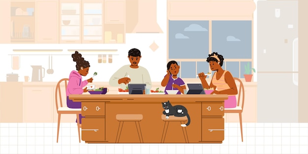 gadget addicted african american family with two kids at dinner table in the kitchen