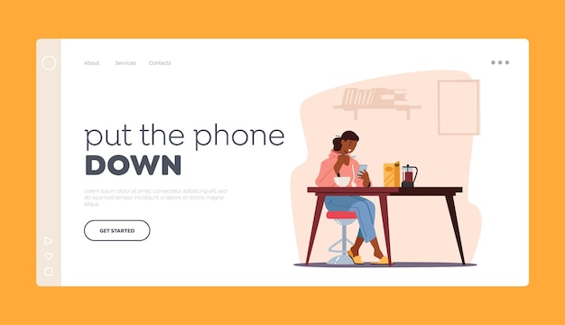 Vector gadget addiction, cellphone communication landing page template. young woman having breakfast with smartphone in hands, girl looking on screen writing messages in internet. cartoon vector illustration