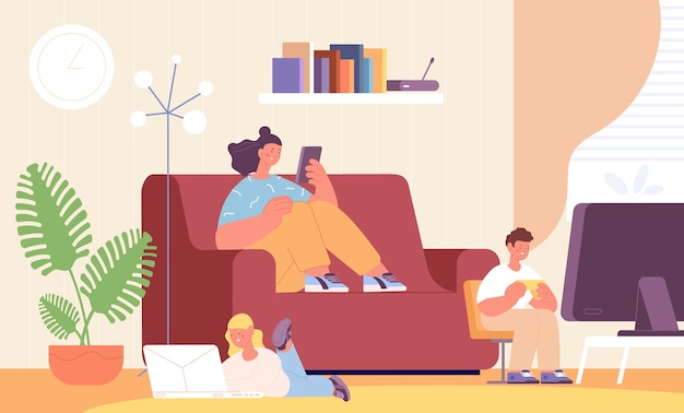 Gadget addiction family use gadgets sister brother sitting in living room and play in computer or smartphone teen in social media utter vector concept