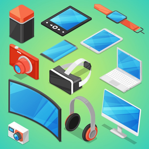 Vector gadget  digital device with display of laptop or tablet and camera isometric illustration set of electronic equipment virtual headset and headphone isolated on background