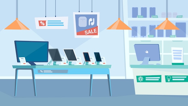 Gadget shop interior, banner in flat cartoon design. table with monitor, smartphones and tablets, showcase of electronics store, cash desk, discount offers. vector illustration of web background